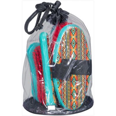 Image showing  4 pc. Printed Horse Brush Set, Teal Navajo