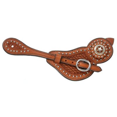 Tough1 Lined Cowhide Spur Straps with Basket Tooling & Dots