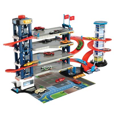 Dickie Toys Parking Garage Playset with 4 Die-Cast Cars and Die-Cast Helicopter