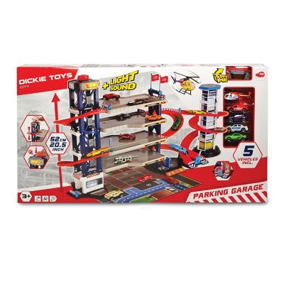Image showing 4 th Dickie Toys Parking Garage Playset with 4 Die-Cast Cars and Die-Cast Helicopter