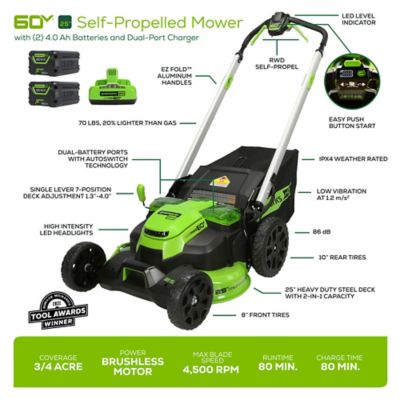 Image showing 9 th Greenworks 25 in. 60V Brushless Cordless Battery Walk-Behind Self-Propelled Push Lawn Mower, (2) 4.0 Ah Battery & Charger