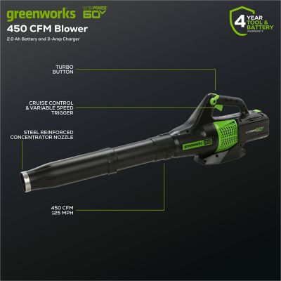 Image showing 8 th Greenworks 125 MPH/450 CFM 60V Cordless Handheld Leaf Blower, Battery and Charger Included