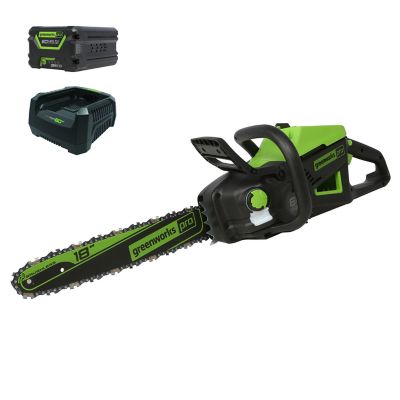 Greenworks 18 in. 60V Cordless Brushless Chainsaw, 40cc 2.0 kW Gas Chainsaw Equivalent, 4.0 Ah Battery & Charger, 2019302