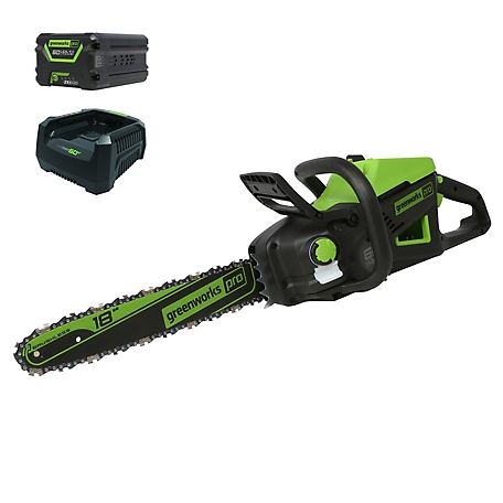 Greenworks 60V 18 in. Cordless Brushless Chainsaw, 40cc 2.0 kW Gas Chainsaw Equivalent, 4.0 Ah Battery & Charger, 2019302