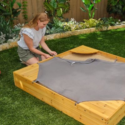 Image showing  Wooden Backyard Sandbox with Built-in Corner Seating and Mesh Cover
