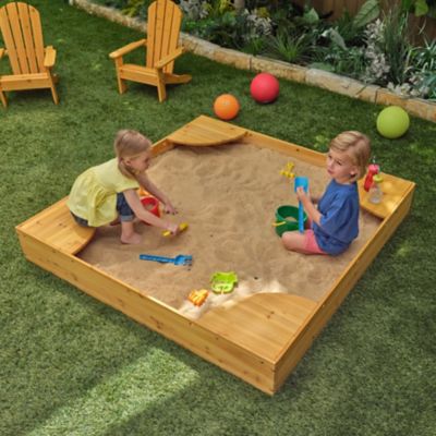 Image showing 6 th KidKraft Wooden Backyard Sandbox with Built-in Corner Seating and Mesh Cover
