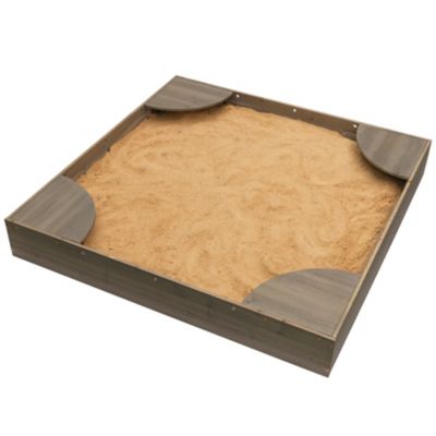 Image showing  Wooden Backyard Sandbox with Built-in Corner Seating and Mesh Cover