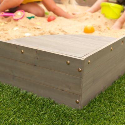 Image showing  Wooden Backyard Sandbox with Built-in Corner Seating and Mesh Cover