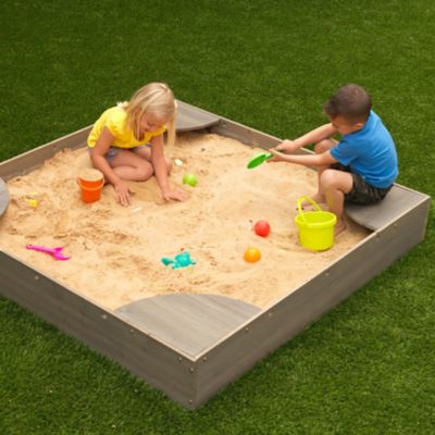 Image showing  Wooden Backyard Sandbox with Built-in Corner Seating and Mesh Cover