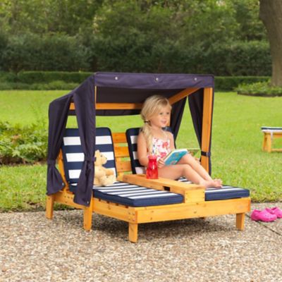Image showing  Double Patio Chaise Lounge with Cup Holder, Honey/Navy/White