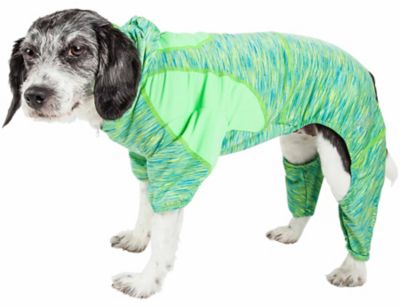 Pet Life Active Downward Dog Heathered Performance 4-Way Stretch Two-Toned Full Body Warm Up Dog Hoodie