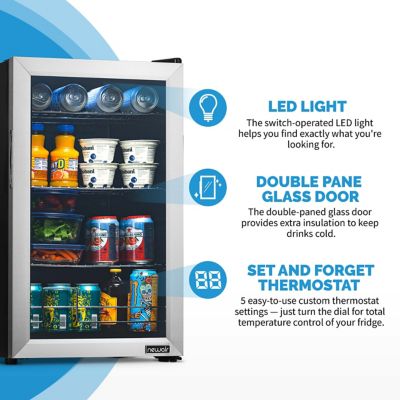 Image showing  100 Can Beverage Fridge with Glass Door, Small Freestanding Mini Fridge in Stainless Steel