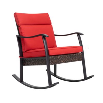 Nuu Garden Outdoor Rattan Patio Rocking Chair with Red Padded Cushions