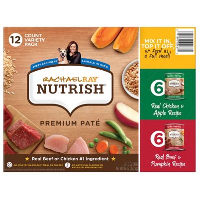 Rachael Ray Nutrish Adult Chicken and Apples and Beef and Pumpkin Pate Wet Dog Food Variety Pack, 13 oz. Can, Pack of 12 My American Bulldog loves all the flavors of the wet food, she was a rescue, she was literally bald when we found her, meds & the right balance of Rachel Ray dry & wet dog food has done wonders for her skin, coat, and energy levels !! 