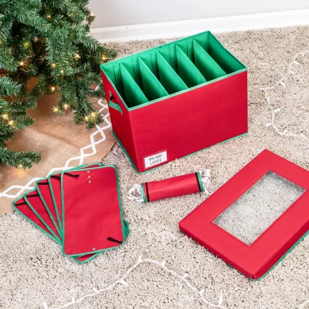 Honey-Can-Do Christmas Tree Lights Storage Box with Handles Red Holiday Storage