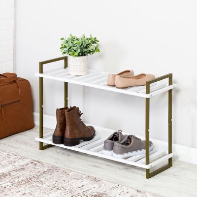 Honey-Can-Do 2-Tier Tubular Metal Shoe Rack, Olive/White The dual racks seat beautifully into the metal frame and and assembled rack feels really solid