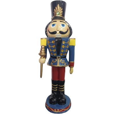 Fraser Hill Farm 3 ft. Nutcracker Toy Soldier Holding a Staff, Resin Statue, LED Lights, Christmas Decor, Blue