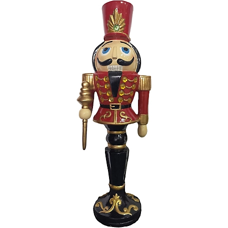 Fraser Hill Farm 3 ft. Nutcracker Toy Soldier on a Pedestal Base, Resin Statue with LED Lights, Red