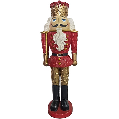 Fraser Hill Farm 4 ft. Nutcracker King Holding a Baton, Resin Statue with LED Lights, Red