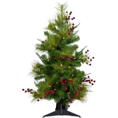 Christmas Time 2 ft. Red Berry Mixed Pine Artificial Tree, Includes Battery-Operated LED String Lights