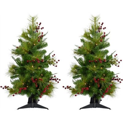 Christmas Time 2 ft. Pre-Lit Mixed Pine Artificial Trees with Red Berries, 2-Pack