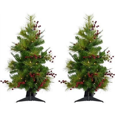 Christmas Time 2 ft. Red Berry Mixed Pine Artificial Trees, Includes Battery-Operated LED String Lights, 2-Pack