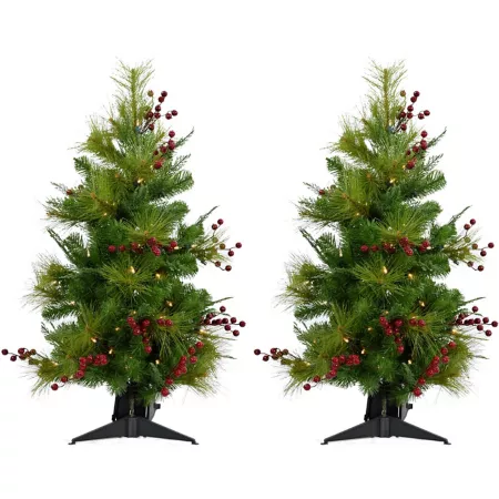 Christmas Time 2 ft Red Berry Mixed Pine Artificial Trees Includes Battery Operated LED String Lights 2 Pack Artificial Christmas Trees