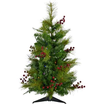 Christmas Time 2 ft. Red Berry Mixed Pine Artificial Tree with Battery-Operated Multicolor LED String Lights