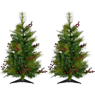 Christmas Time 2 ft. Pre-Lit Mixed Pine Artificial Trees with Red Berries, Multicolor LED Lights, 2-Pack