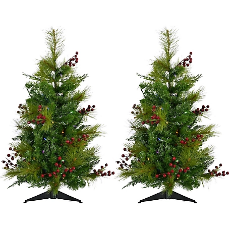 Christmas Time 2 ft. Red Berry Mixed Pine Artificial Trees, Includes Multicolor LED String Lights, 2-Pack