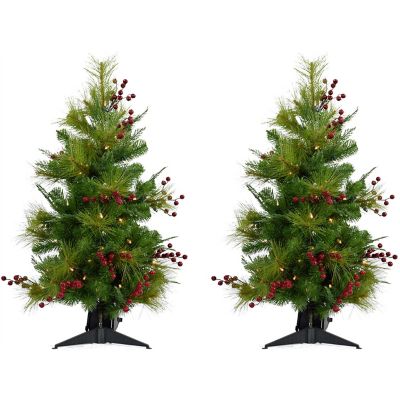 Christmas Time 3 ft. Red Berry Mixed Pine Artificial Trees, Includes Battery-Operated LED String Lights, 2-Pack