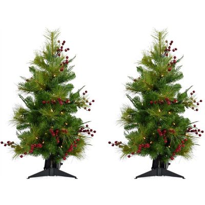 Christmas Time 3 ft. Pre-Lit Mixed Pine Artificial Trees with Red Berries, 2-Pack