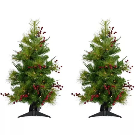 Christmas Time 3 ft Red Berry Mixed Pine Artificial Trees Includes Battery Operated LED String Lights 2 Pack Artificial Christmas Trees