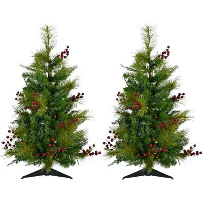 Christmas Time 3 ft. Red Berry Mixed Pine Artificial Trees, Battery-Operated Colored LED String Lights, 2-Pack