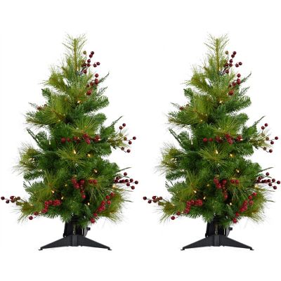 Christmas Time 4 ft. Red Berry Mixed Pine Artificial Trees, Includes LED String Lights, 2-Pack