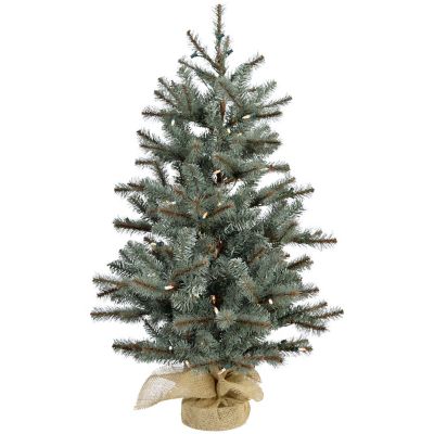 Christmas Time 2 ft. Yardville Pine Artificial Porch Tree, Rustic Burlap Base and Battery-Operated LED