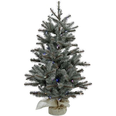Christmas Time 2 ft. Yardville Pine Artificial Porch Tree in Burlap Base, Battery-Operated Colored LED Lights