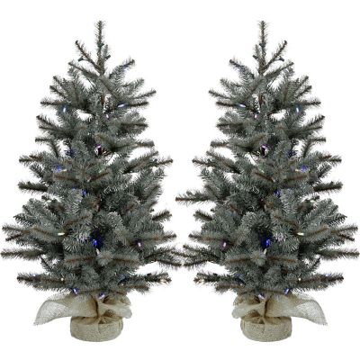 Christmas Time 2 ft. Yardville Pine Artificial Porch Trees, Burlap Base, Battery Operated, LED Lights, 2-Pack