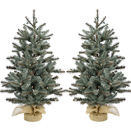 Christmas Time 3 ft. Yardville Pine Artificial Porch Trees, Rustic Burlap Bases and LED String Lights, 2-Pack