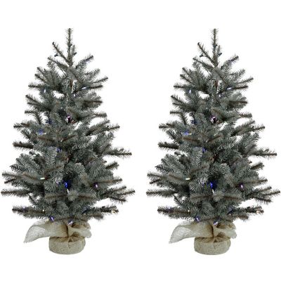 Christmas Time 4 ft. Yardville Pine Artificial Trees in Burlap Bases, Multicolor LED String Lights, 2-Pack