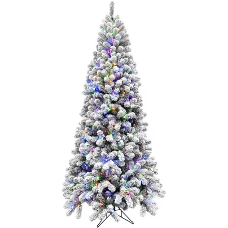 Fraser Hill Farm 10' Flocked Alaskan Pine Christmas Tree with Multi-Color LED String Lights Artificial Christmas Trees