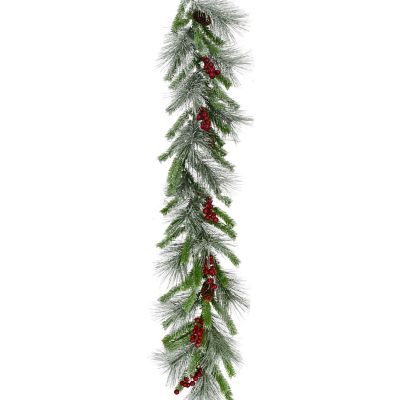 Fraser Hill Farm 9 ft. Lightly Flocked Decorative Artificial Garland with Pine Cones and Red Berries