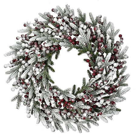 Fraser Hill Farm 25 in. Flocked Wreath Door or Wall Hanging with Berries