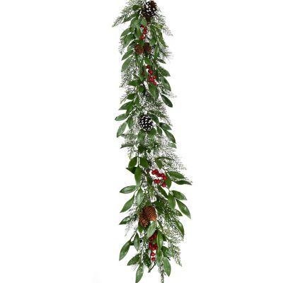 Fraser Hill Farm 9 ft. Mixed Leaf Decorative Artificial Garland with Pine Cones and Red Berries