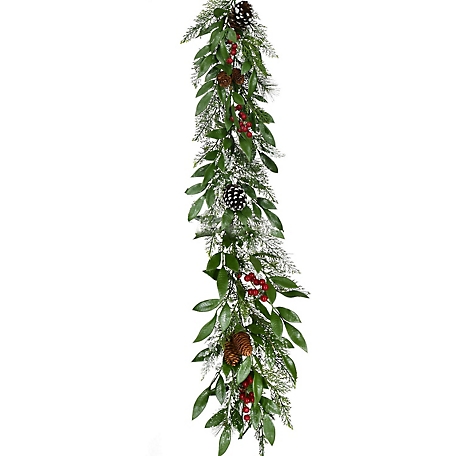 Fraser Hill Farm 9 ft. Mixed Leaf Decorative Garland with Pine Cones and Red Berries
