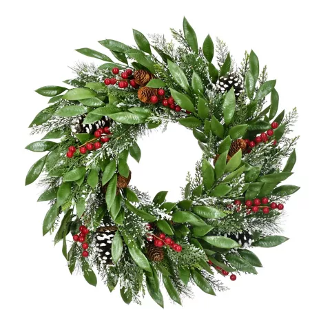 Fraser Hill Farm 25" Mixed Leaf Wreath Door or Wall Hanging with Pine Cones and Berries Artificial Christmas Wreaths