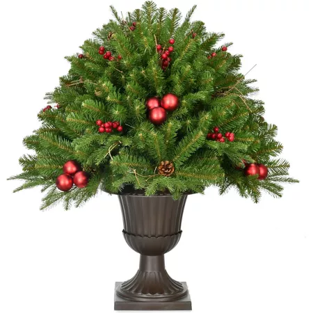 Fraser Hill Farm 2.5 Foot Merry Porch Tree in Pedestal Urn with Pine Cones Berries and Ornaments Artificial Christmas Trees