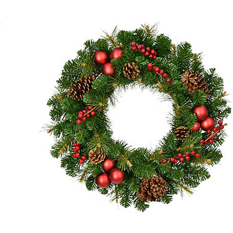 Fraser Hill Farm 24 in. Joyful Wreath Door or Wall Hanging with Pine Cones, Berries, and Ornaments