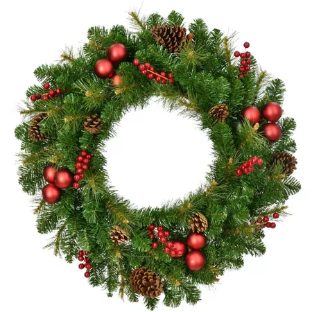 Fraser Hill Farm 30" Cheerful Wreath Door or Wall Hanging with Pine Cones Berries and Ornaments Artificial Christmas Wreaths