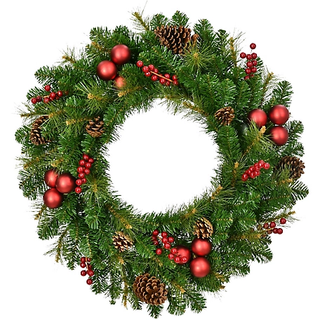 Fraser Hill Farm 30 in. Joyful Wreath Door or Wall Hanging with Pine Cones, Berries, and Ornaments